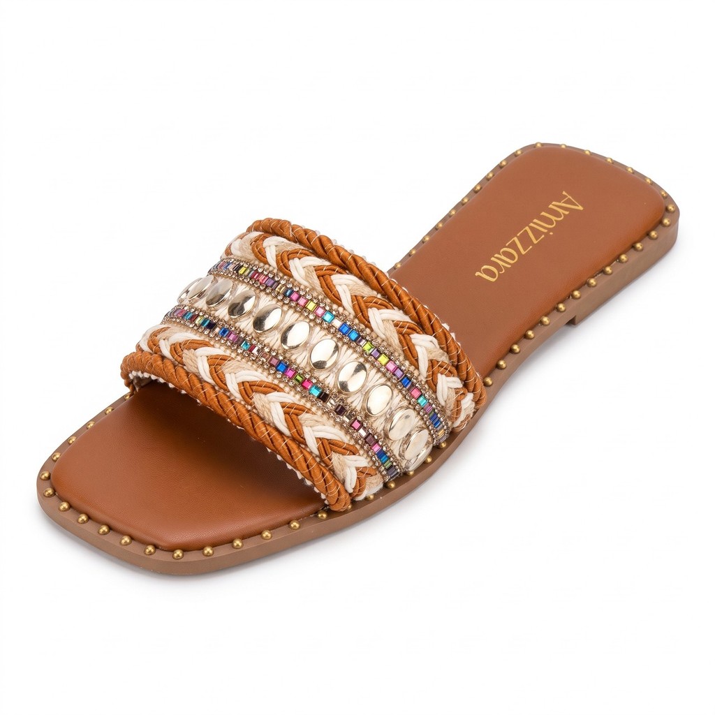 Rasteira Feminina Indiana Boho Metalizada Caramelo Sandália Artesanal Bico Quadrado Leve Confortável