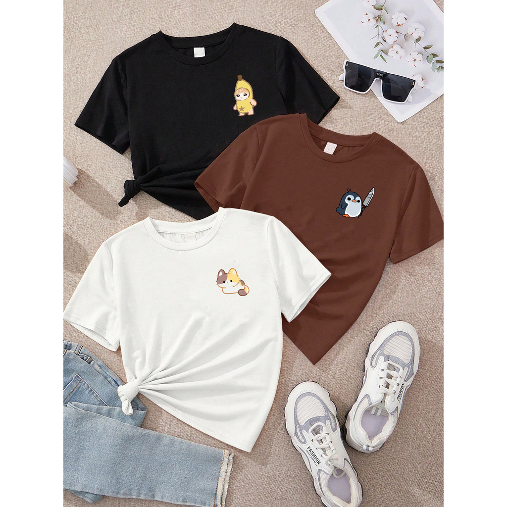 Camiseta Feminina Atacado Animais Fofos Gato Pinguim Banana Gato Kawaii Japonês Divertido Estilosa