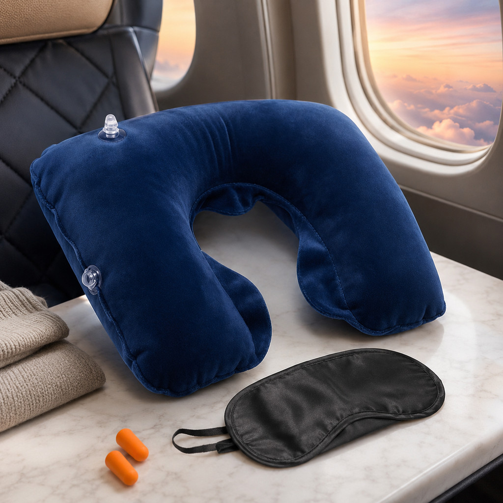 Almofada Inflável de Pescoço para Viagem com Travesseiro Máscara e Protetores Auriculares