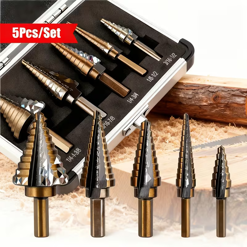 Kit 5 Brocas Escalonadas Titânio - Aço HSS Revestido Hexagonais p/ Metal/Plástico/Madeira Vendido(s) - Variação: