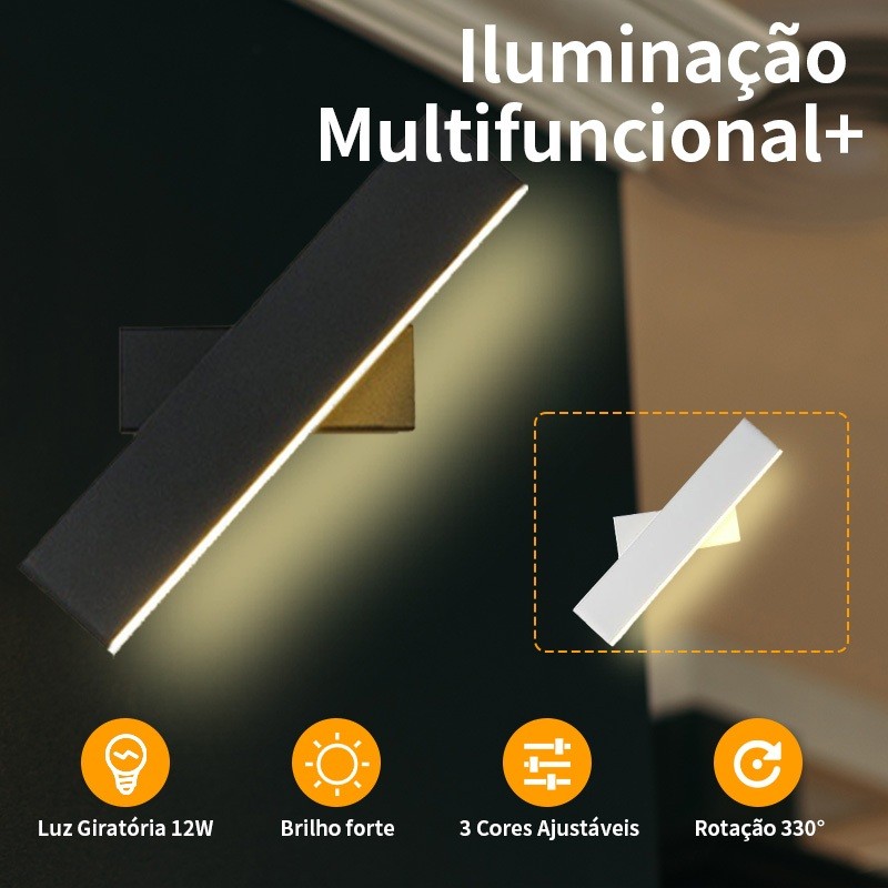 Arandela 12W Rotativa com 3 Cores Design Ajustável e Iluminação Direcionada Vendido(s) - Preto