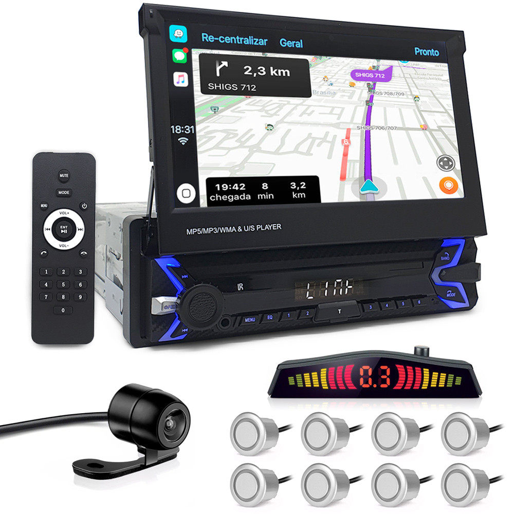 Kit Multimídia Tela Retrátil + Câmera Ré + Sensor 8 Pontos Prata Palio G4 2008 2009 2010 2011 2012 Espelhamento