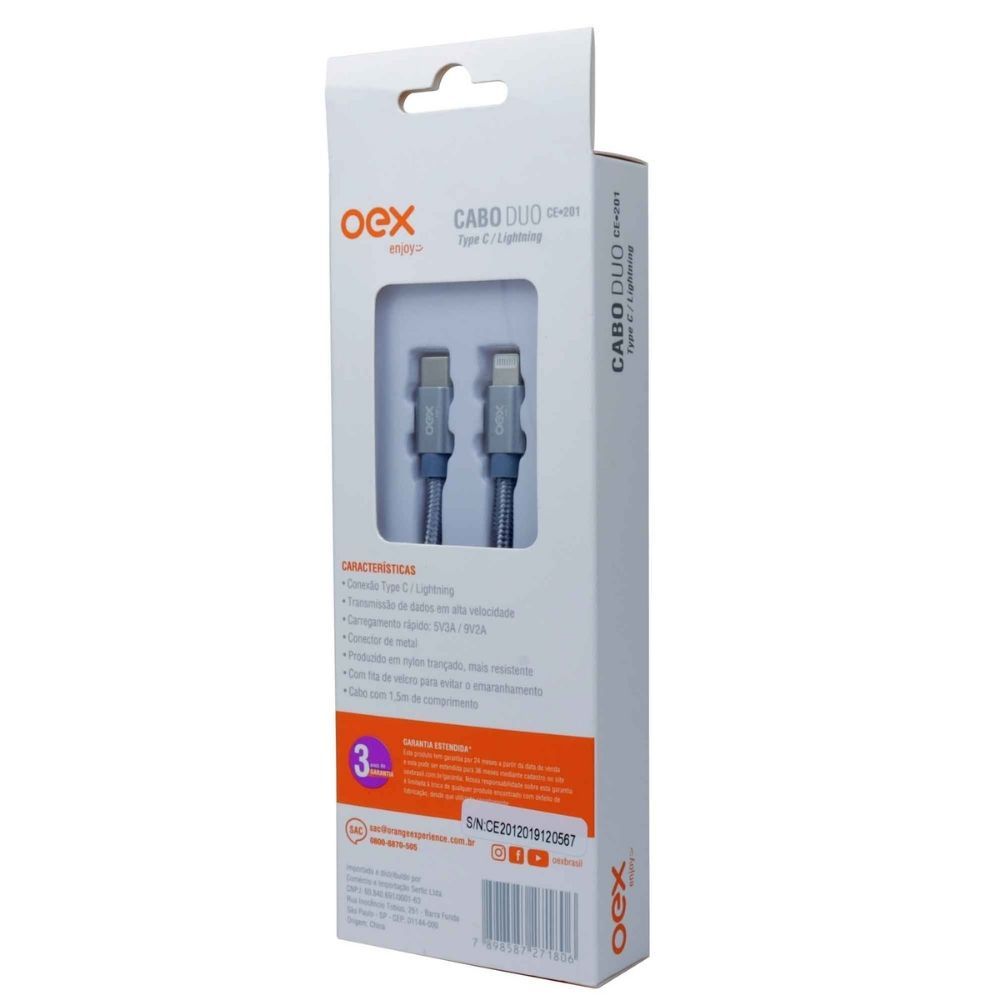 Cabo Duo OEX CE201 Tipo C Lightning  Apple 1.5m Rápido Cinza