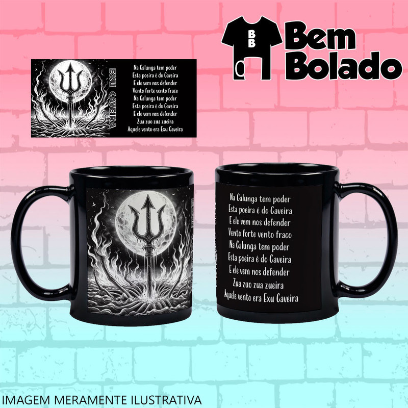 Caneca Preta Exu Caveira  Tridente Lua e Fogo  Ponto Umbanda