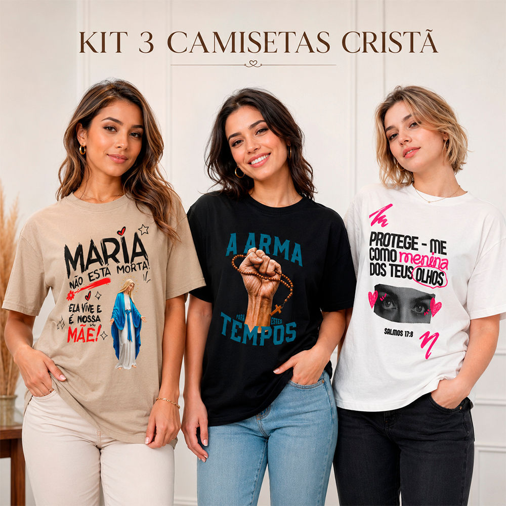 Camiseta Feminina Kit 3 Peças Protege Maria Blusa Estilosa T-shirt Confortável Camisa Versátil Crt Unissex