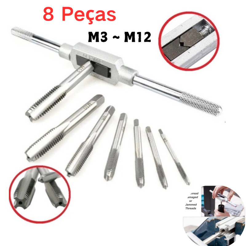 Kit Jogo De Tarraxas Macho Para Abrir Roscas C/ 8 Peças M3 A M12 Resistente - Variação: