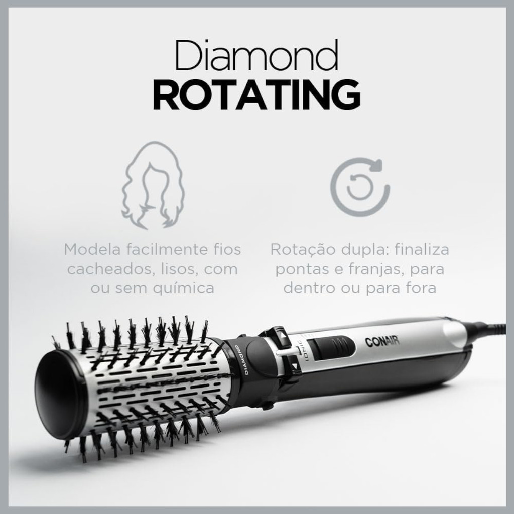 Escova Rotativa Conair Diamond Brilliance 3 em 1 900W Seca Alisa Modela Cristais de Diamante 220v