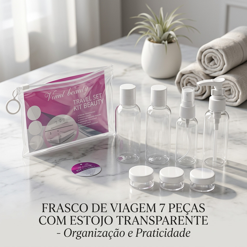 Frasco de Viagem 7 Peças com Estojo Transparente - Organização e Praticidade