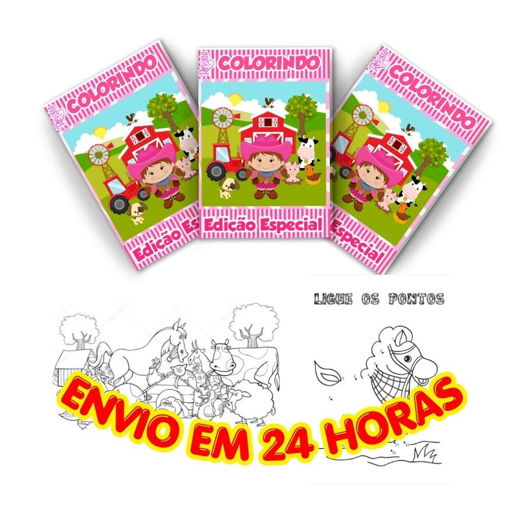 Lembrancinha Fazendinha Menina Rosa Revistinha de Colorir Personalizada Nome Idade Festa Infantil