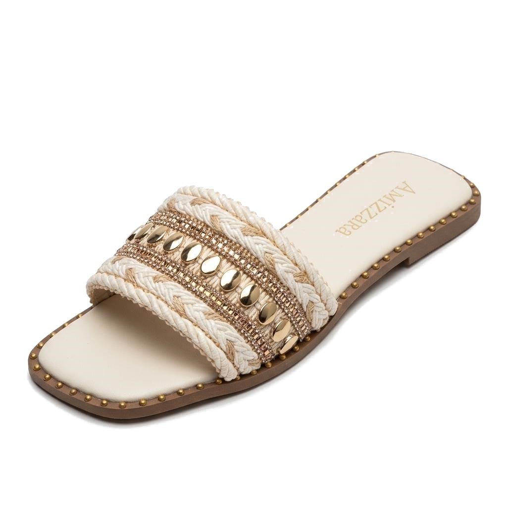 Rasteira Feminina Boho Indiana Metalizada Artesanal Bico Quadrado Confortável Verão Sandália