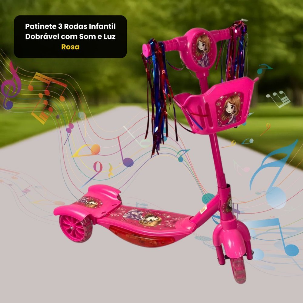 Patinete 3 Rodas Infantil Dobrável Som Luz Rosa Cestinha Brilha Aventura Equilíbrio Criança