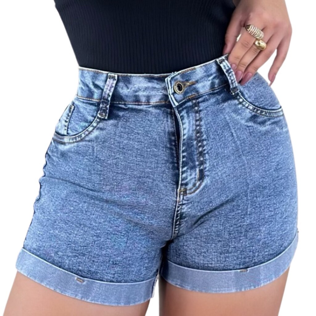 Short Jeans Feminino Comfort Marmorizado  Cintura Alta com Lycra Escuro, Savane Jeans