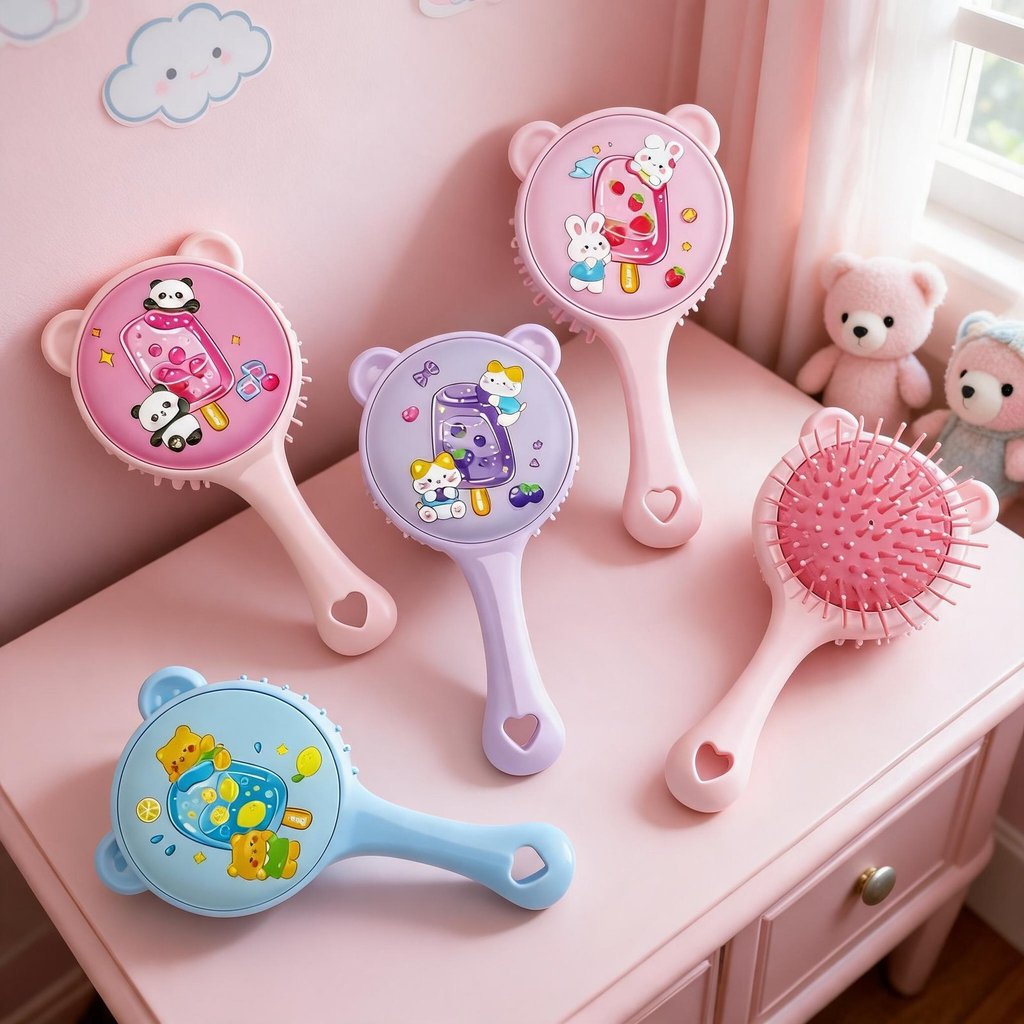 Escova De Cabelo Infantil Com Almofada Massageadora 15cm Orelha De Urso Portátil Não Puxa Cabelo