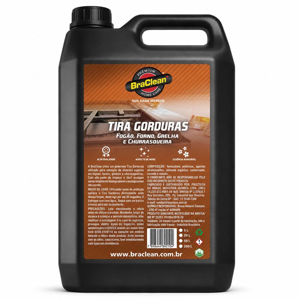 Limpa Gordura BraClean 5L Para Grelhas Churrasqueiras Fogões Fornos e Superfícies da Cozinha