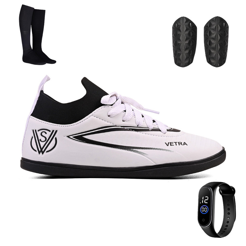 Kit Chuteira Futsal Infanil Botinha Quadra Futebol de Salão + Meião Caneleira e Relógio