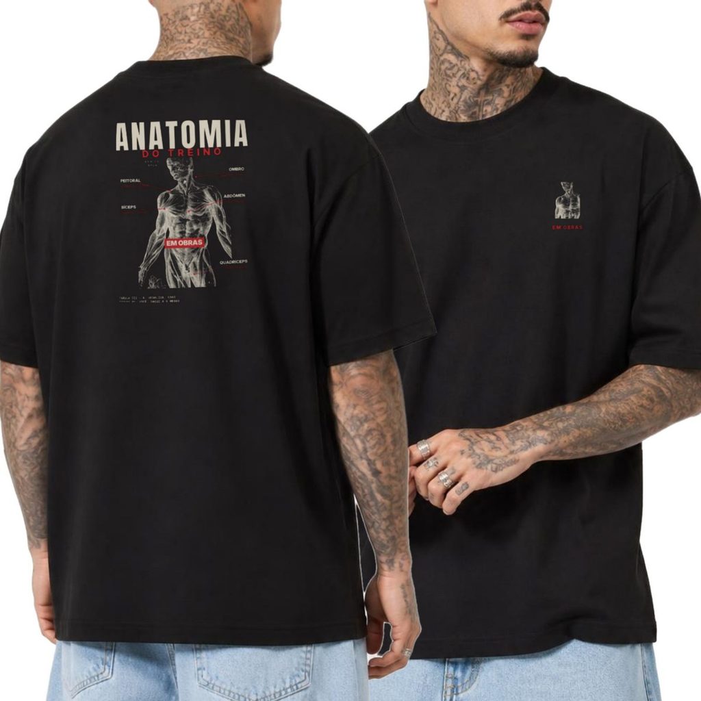 Camiseta Oversized Academia Treino Anatomia do Treino Streetwear Unissex Masculina Feminina Estampada Costas Presente