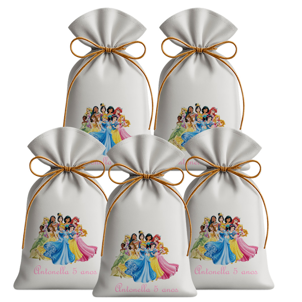 Kit 20 Saquinhos Sacolinhas Lembrancinha Festa Aniversário Tecido Personalizado Princesas Adultas Disney