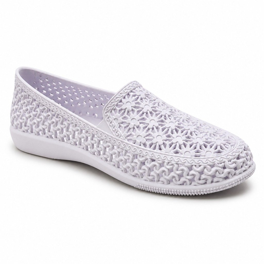 Sapatilha Feminina Elegante Vazada Rendada Bico Redondo Fechada Confortável Antiderrapante Branco