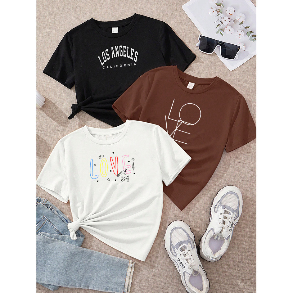Camiseta Feminina Kit 3 Los Angeles California Preto Love Linhas Quadrado Marrom Love Every Day Doodle Off White