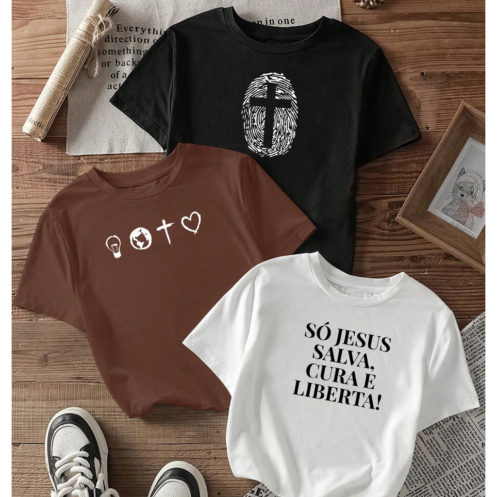 Camiseta Feminina Atacado Só Jesus Salva Cura e Liberta Gospel Cristã Evangélica Fé Qualidade