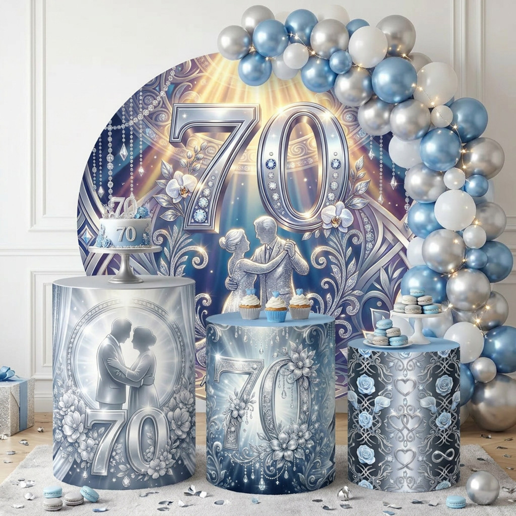 Painel Romano Bodas de Platina — 70 Anos + 3 Cilindros Decorativos Festa (COD: 3274)