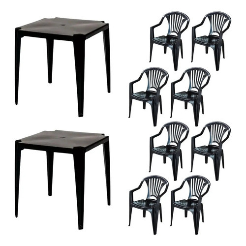 Kit C/ 2 Mesa Plastico Monobloco E 8 Cadeiras Com Braço Bar