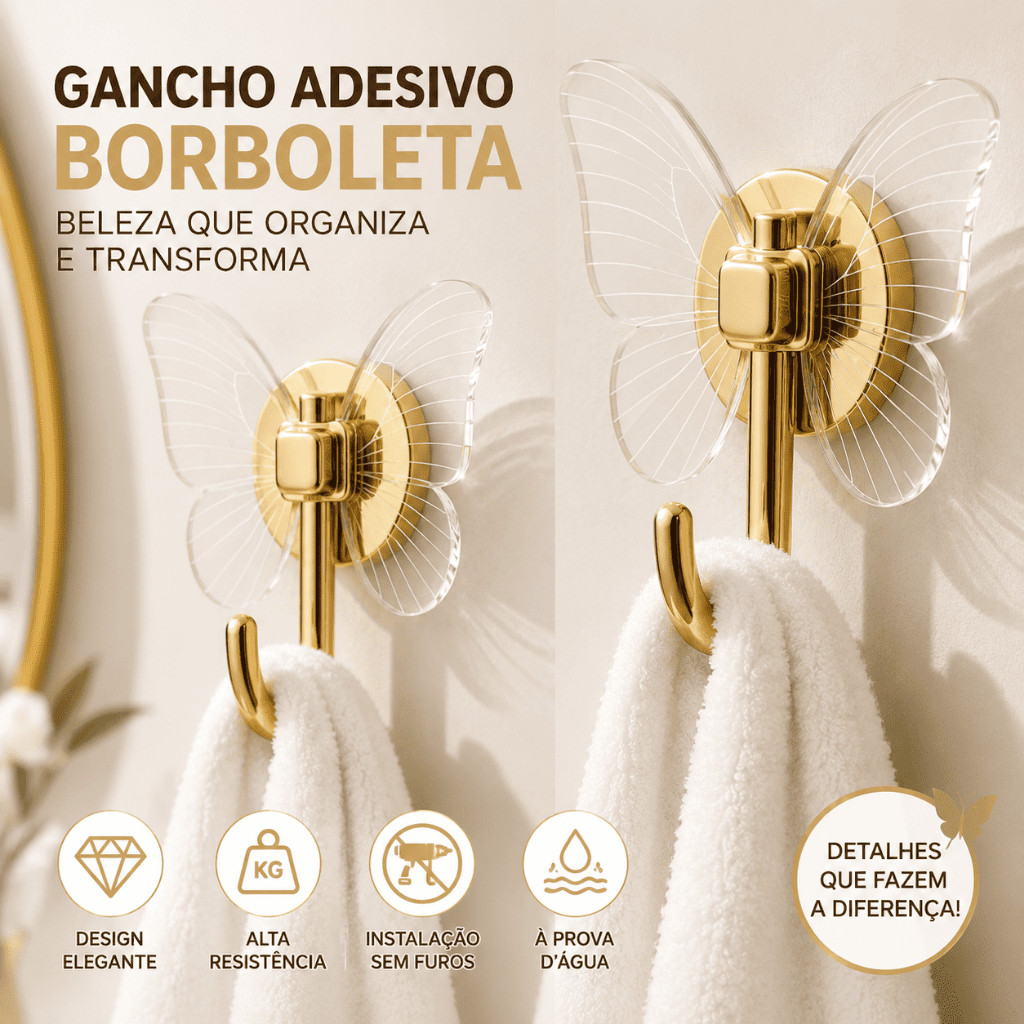 Kit Gancho Decorativo Borboleta Acrílico 2 Peças Autocolante Dourado Gold Vendido(s) - 2pcs