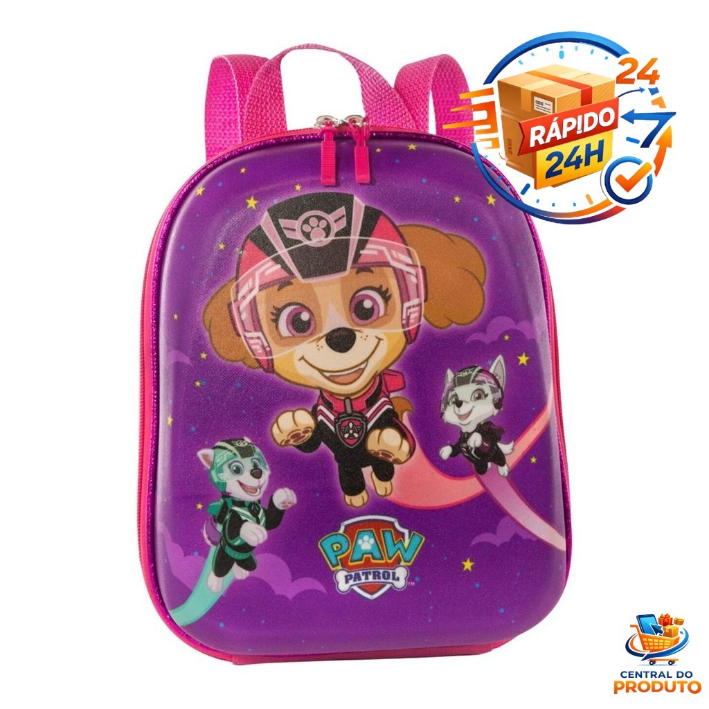 Mochila Infantil Patrulha Canina Tamanho P Roxa Aventura Estampa Colorida Acolchoada