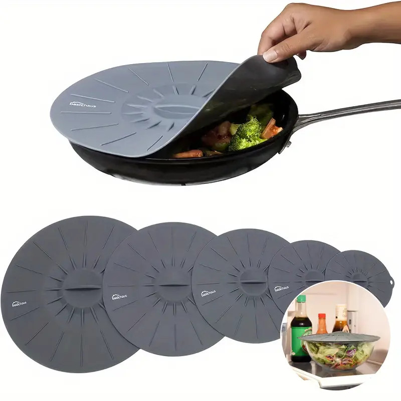 kit 5 peças Tampa de Silicone Resistentes ao Calor P/Micro-ondas panela CINZA Tampas de Sucção Reutilizáveis Tigelas  Va