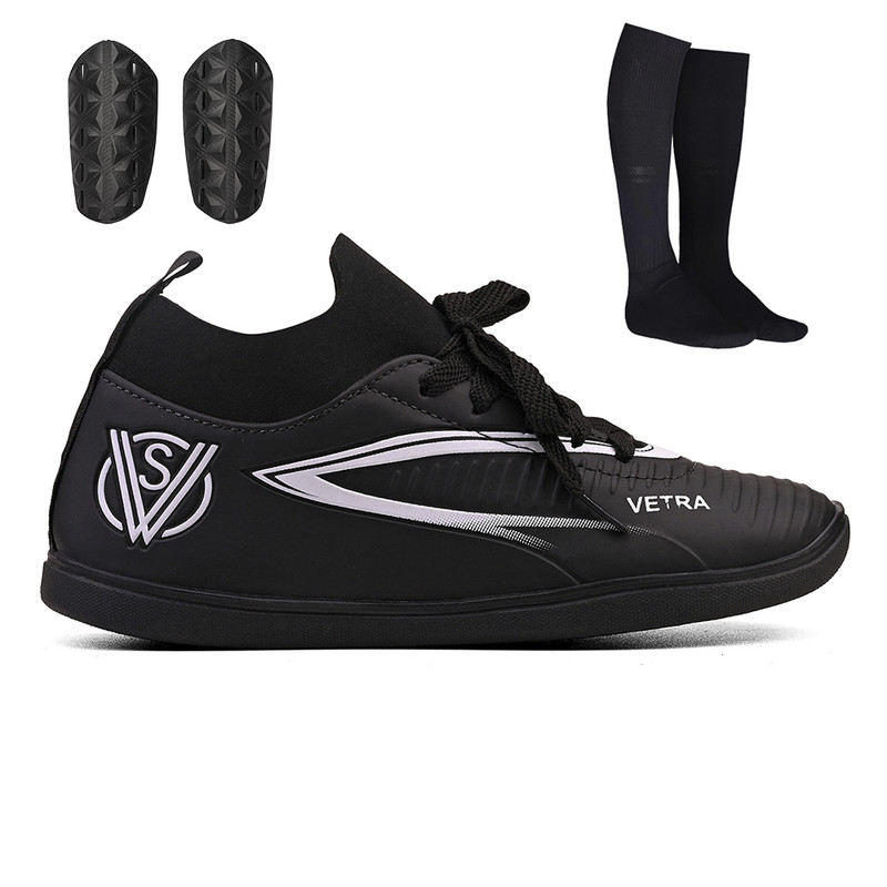 Kit Chuteira Futsal Infanil Botinha Quadra Futebol de Salão + Meião e Caneleira