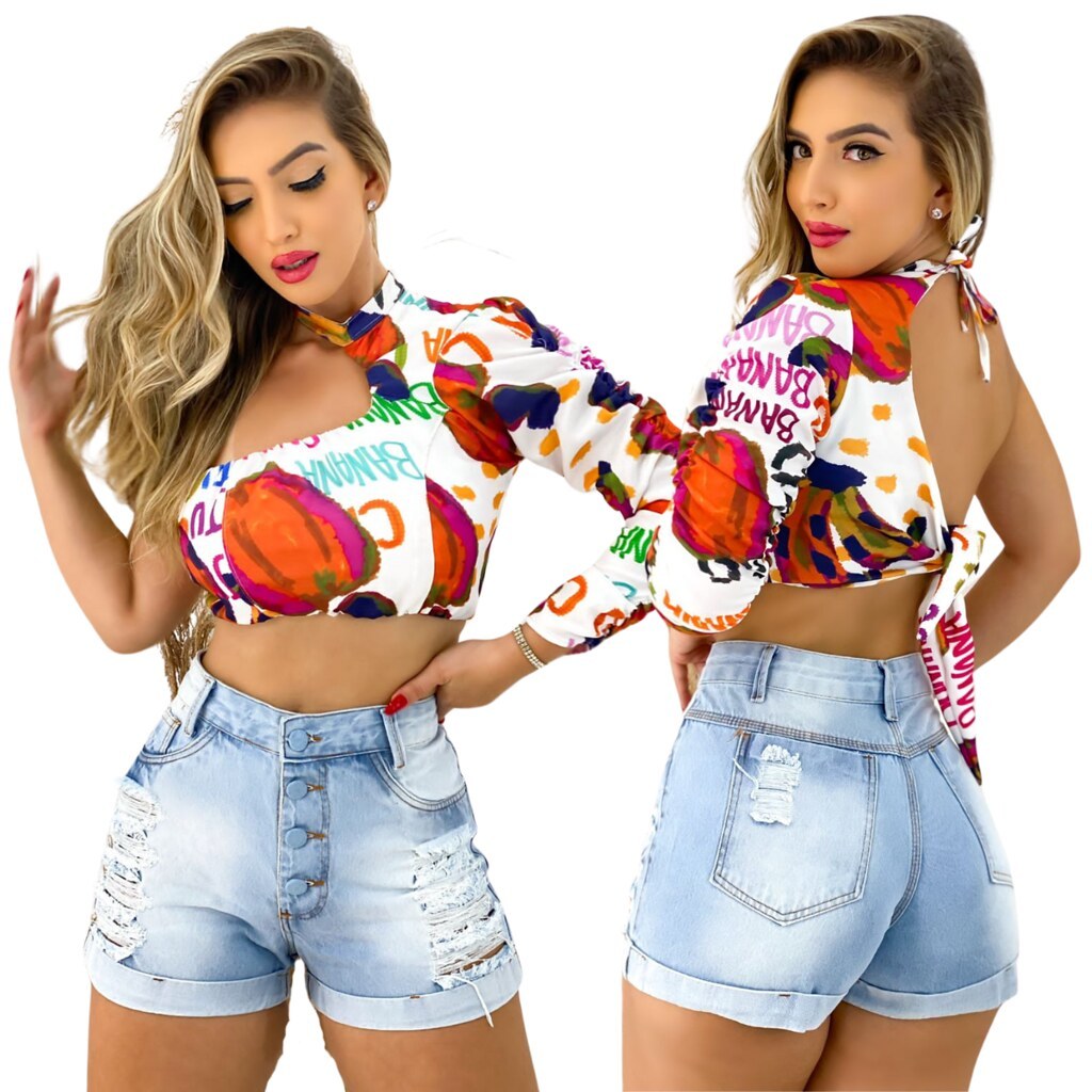 Short Jeans Feminino Cintura Alta Hot Pants Destroyed Barra Dobrada Modelador Confortável, Nexa Shop