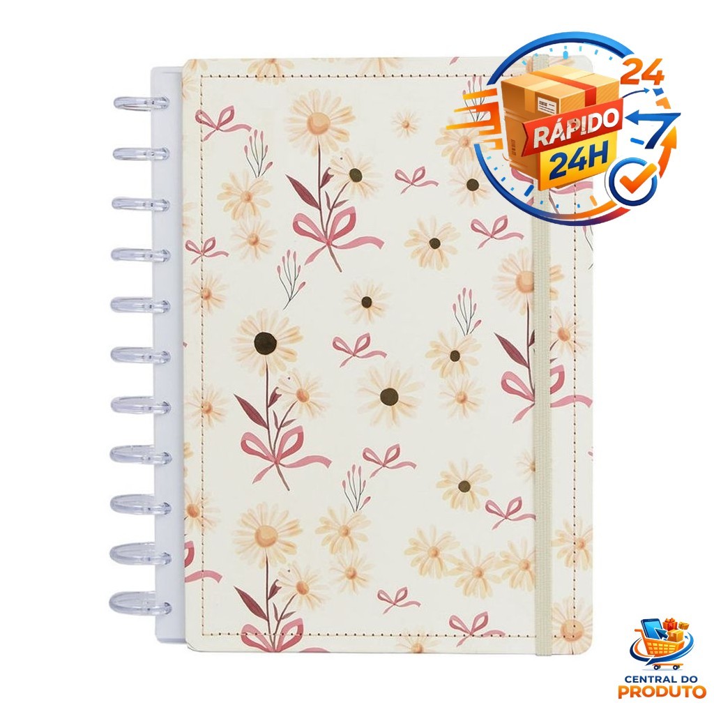Caderno A4 Disko Floral Capa Dura Glitter 60 Folhas Reposicionáveis Estudo e Trabalho