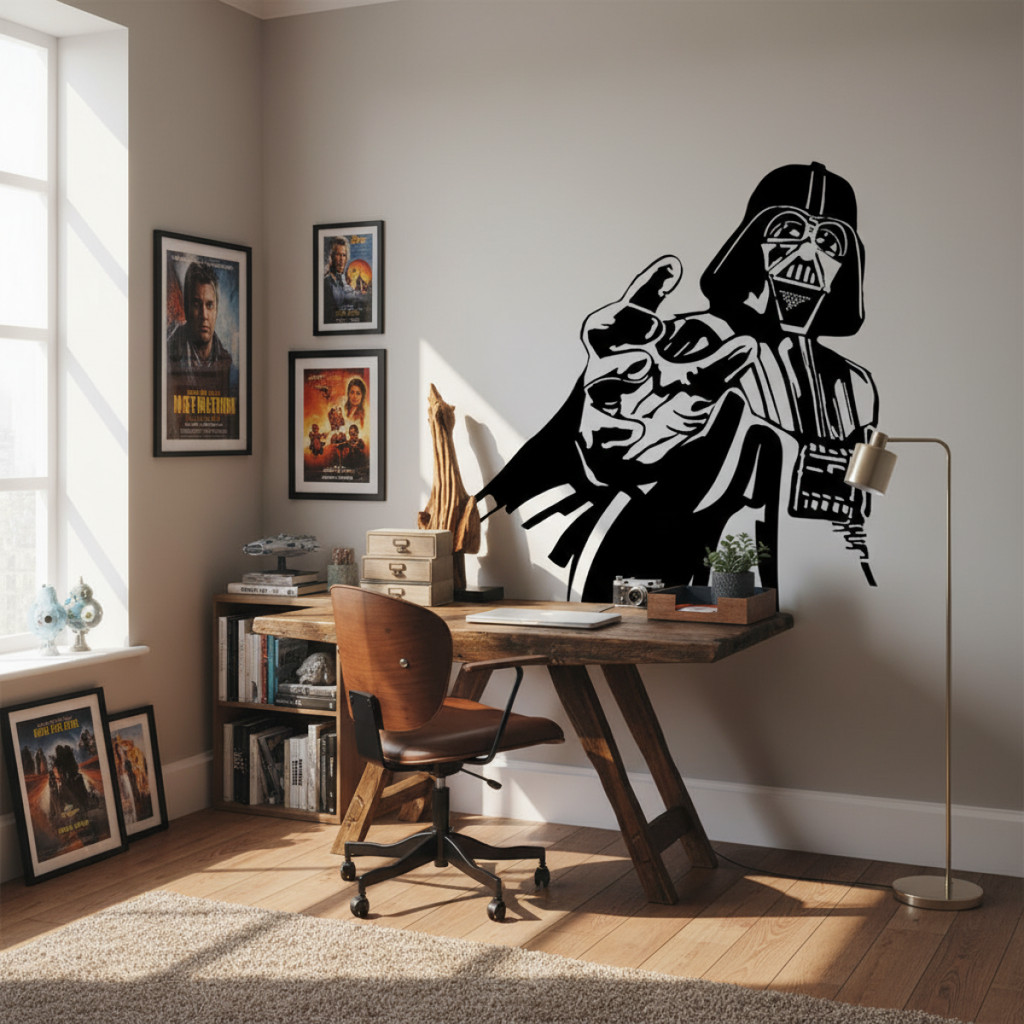 Adesivo decorativo Star Wars Darth Vader para parede, estilo vinil, tema geek, preto e branco.