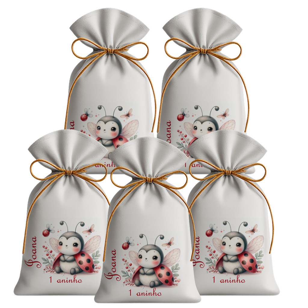 Kit 30 Saquinhos Sacolinhas Lembrancinha Festa Aniversário Tecido Personalizado Joaninha Aquarela