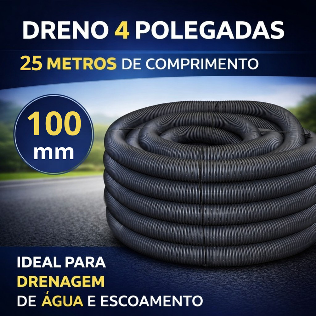 Dreno Tubo Duto PEAD Corrugado Perfurado para Construção 4 pol (100mm) Rolo 25 Metros