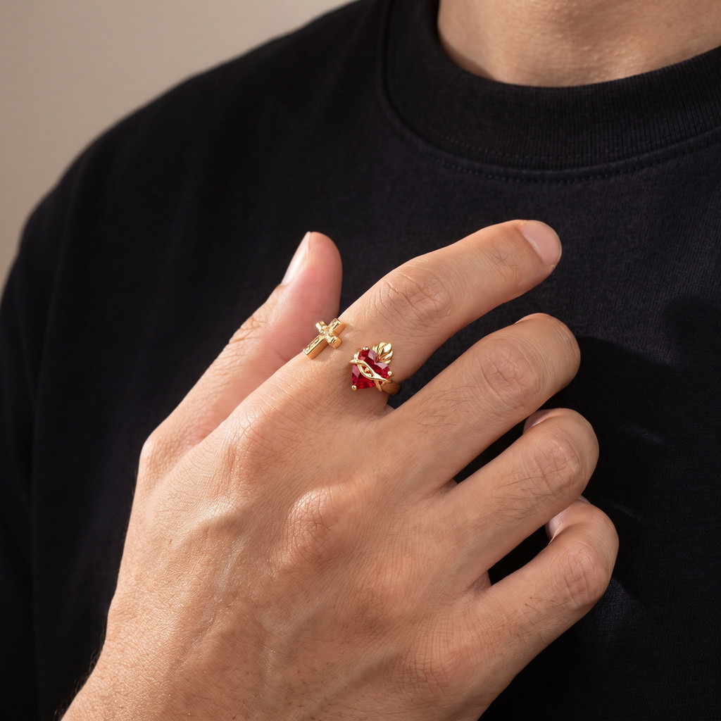 Anel Ajustável Unissex Vnox Em Tom Dourado Com Zircônia Vermelha E Pingente De Cruz, Moda Diária, De Casal, Presente · foto 2