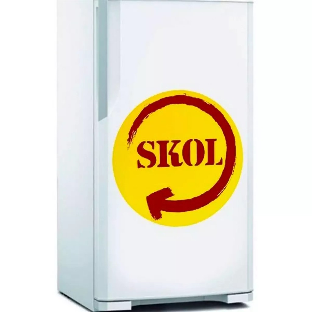 Adesivo decorativo logo cerveja Skol para geladeira, removível e fácil de aplicar.