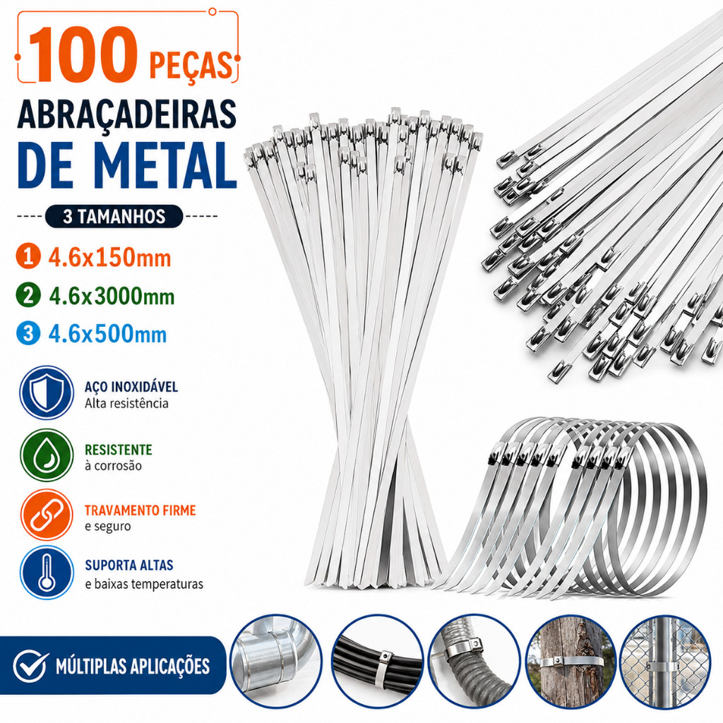 Conjunto de 100 peças de abraçadeiras de Metal de aço inoxidável 304, travamento seguro, adequado para cabos e cercas