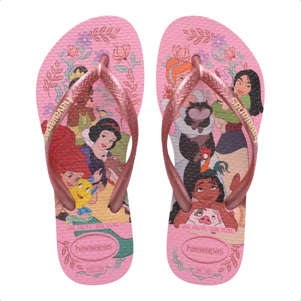 Chinelo Havaianas Kids Slim Princess Frozen Moana Ariel Original Infantil Menina Princesas Sandália Macia