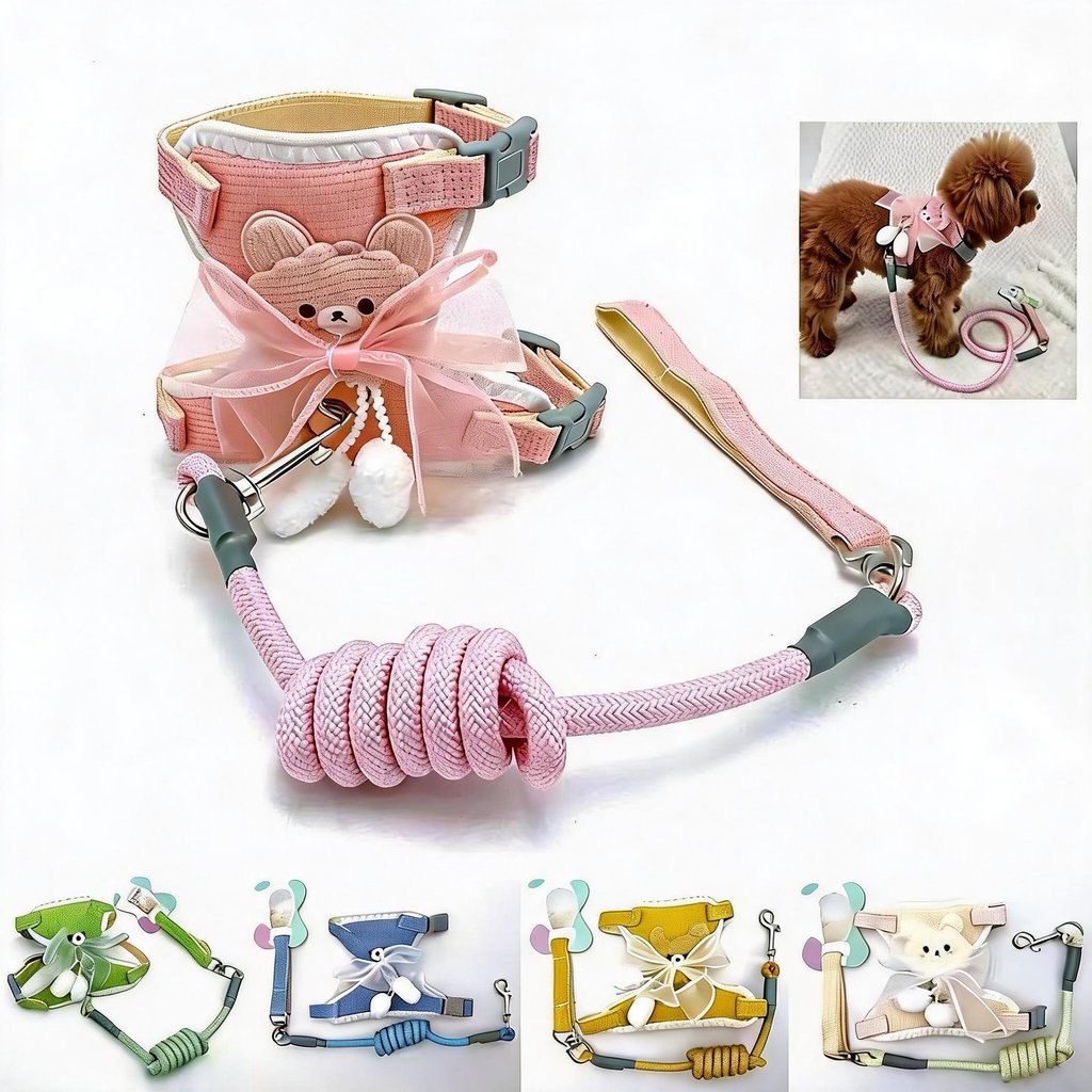 Peitoral e Guia para Cães Ajustável com Decoração Fofa, Conjunto Completo para Cães Pequenos/Médios, 120cm