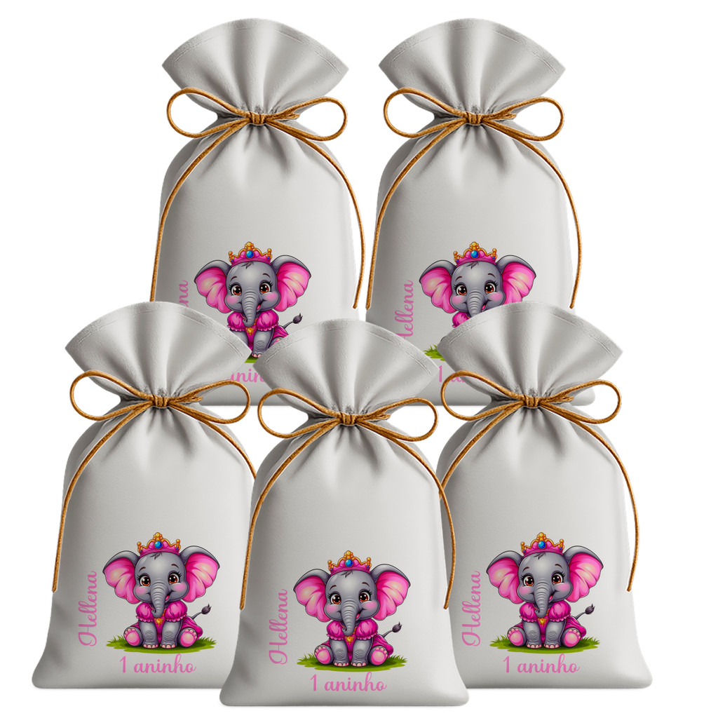 Kit 20 Saquinhos Sacolinhas Lembrancinha Festa Aniversário Tecido Personalizado Elefantinha princesa