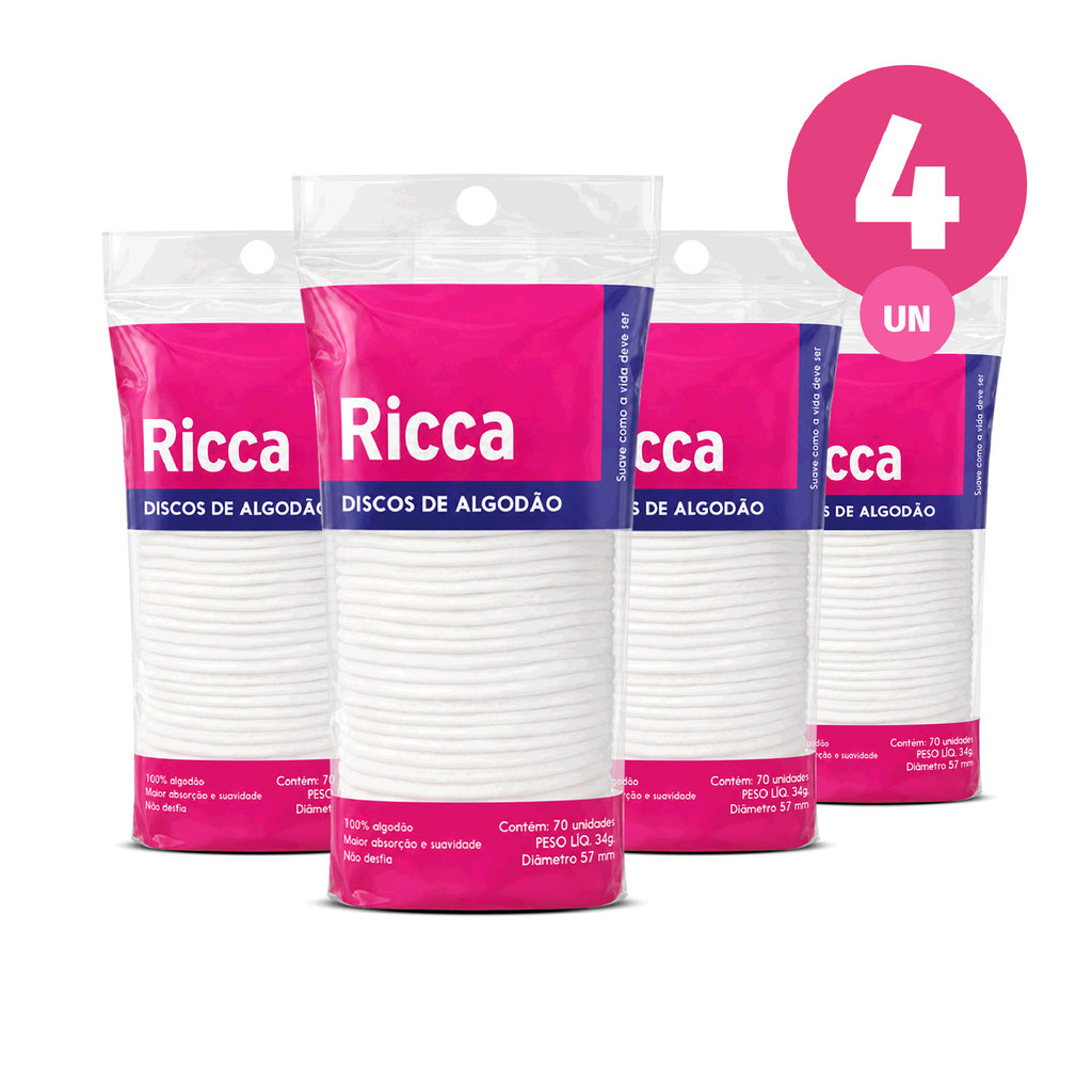 Kit 4x Discos de Algodão 70 Unidades | Limpeza Facial Maquiagem e Estética Ricca