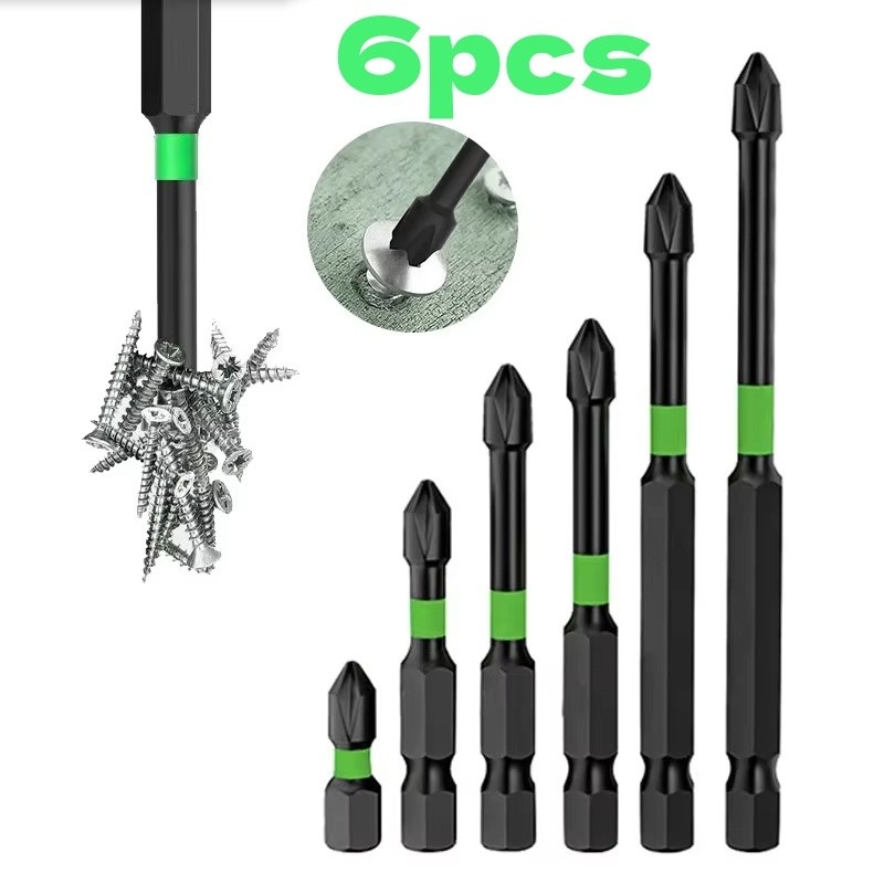 Bits Phillips PH2 Magnético Anti-Impacto - Jogo 6 Peças (25-150mm) em Aço S2 Anti Derrapante com Sextavado 1/ 