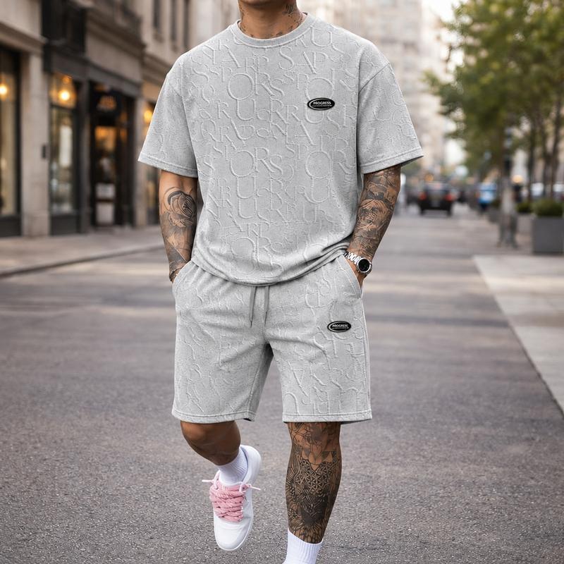 Conjunto Esportivo Masculino Leve Respirável Camiseta e Bermuda com Bolsos e Cordão Ajustável para Academia Lazer e Casa