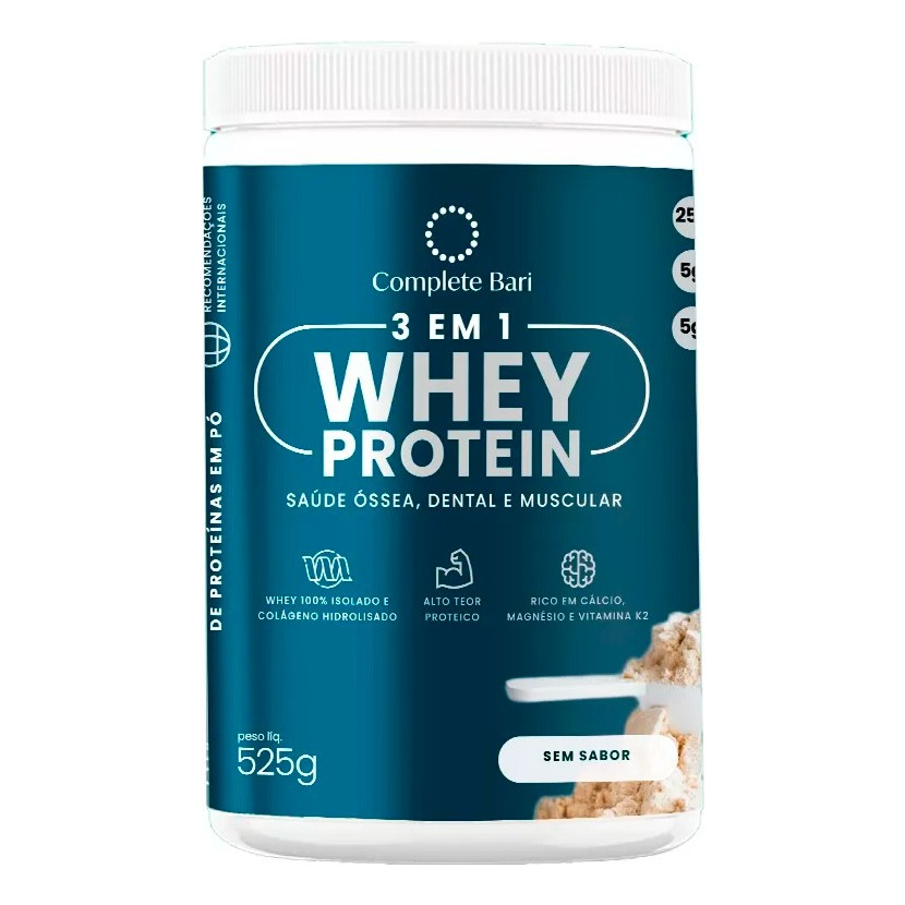 Whey Protein Isolado Completo Bari 3 Em 1 525g Sabor Neutro Colágeno Vitamina D K2 Sem Sabor