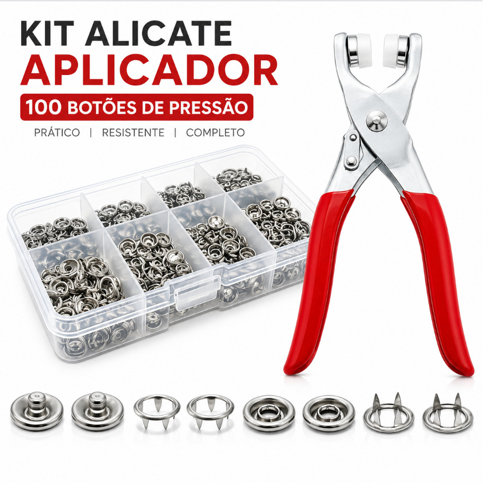 Alicate Aplicador Com 100 Botões de Pressão Metal Para Roupas Costura