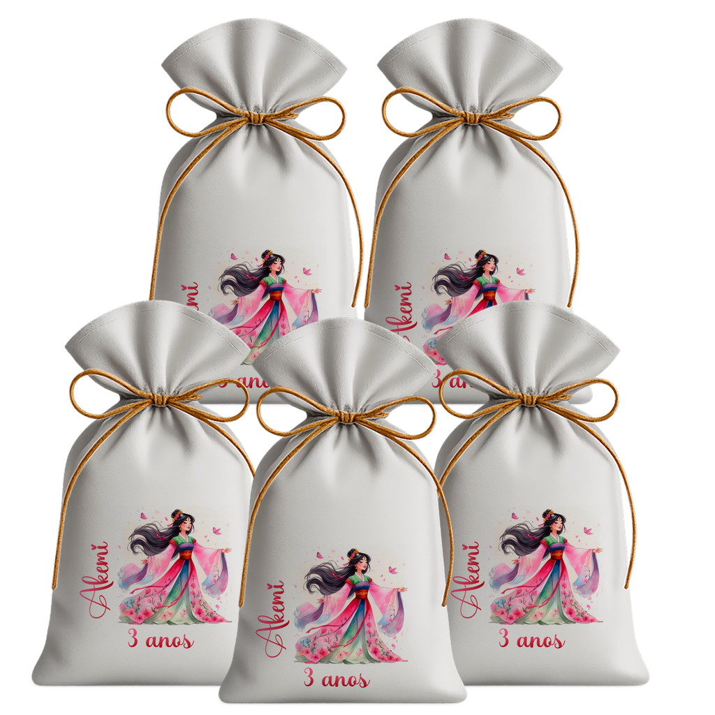 Kit 15 Saquinhos Sacolinhas Lembrancinha Festa Aniversário Tecido Personalizado Mulan Princesa ao vento