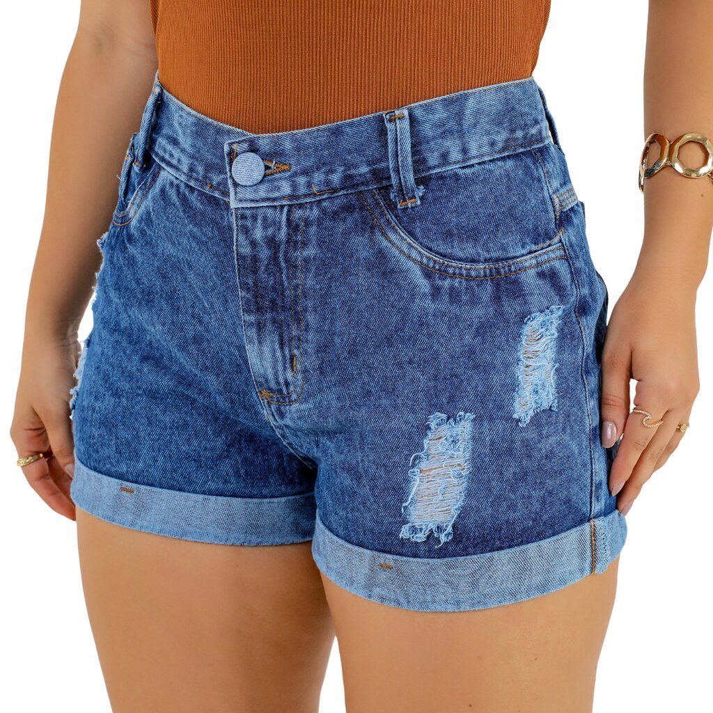 Short Jeans Feminino Soft Marmorizado Cintura Alta Barra Dobrada,Beleza Urbana em Oferta na Shopee
