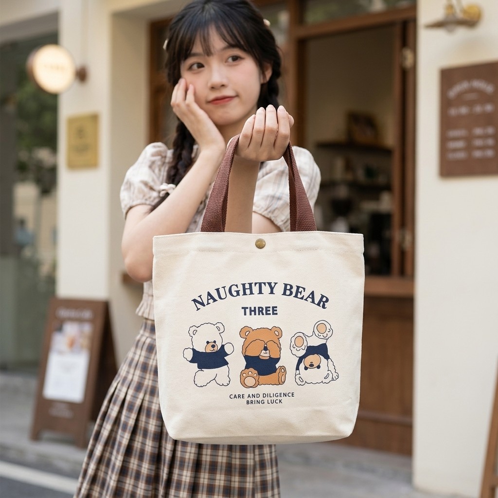 Bolsa De Mão Feminina Lona Estampa Ursinho Fofa Mini Sacola Lancheira Portátil 26x13cm