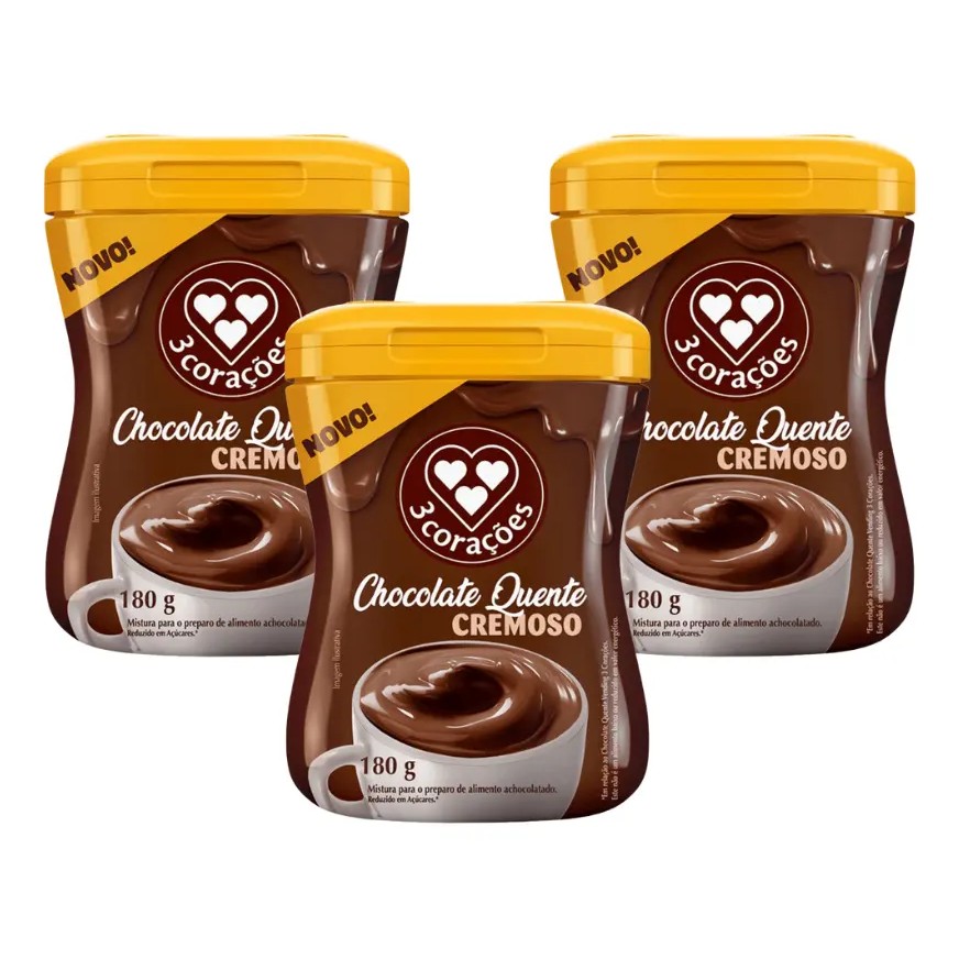 Kit 3 Unidades Chocolate Quente Pó Cremoso 3 Corações chocolate pote pacote x 3